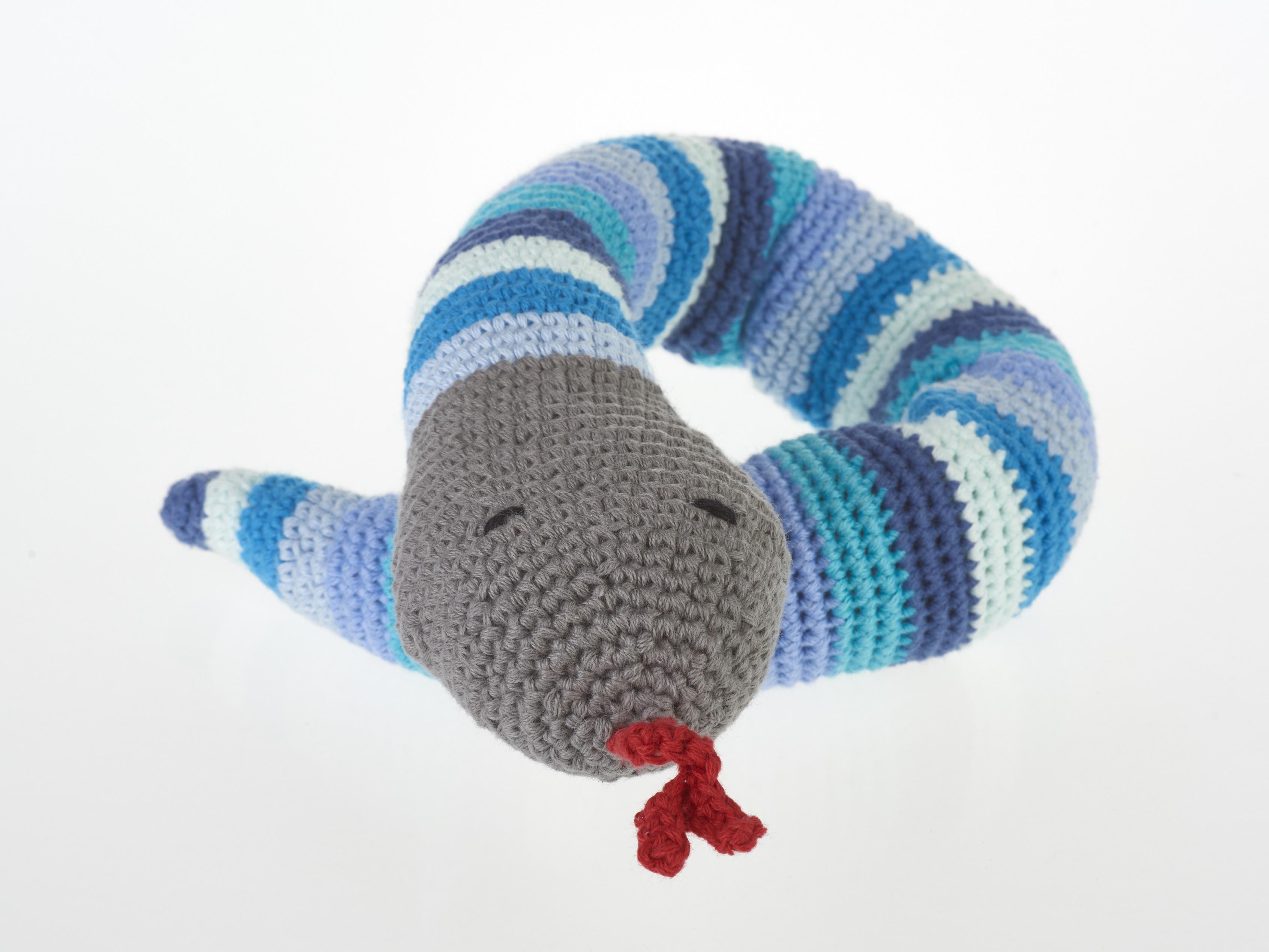 Fair Trade Crochet Cotton Blue Snake Baby Rattle